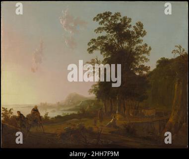 Paesaggio con il volo in Egitto ca. 1650 Aelbert Cuyp olandese Cuyp non andò mai in Italia, ma emulò i pittori italiani olandesi che erano stati lì, soprattutto Jan entrambi (ca. 1615/18–1652). Qui la via della Sacra Famiglia verso l’Egitto sembra condurre dalle rocce e dagli alberi della Renania ad una costa idilliaca vicino Genova. Paesaggio con il volo in Egitto. Aelbert Cuyp (olandese, Dordrecht 1620–1691 Dordrecht). CA. 1650. Olio su legno. Dipinti Foto Stock