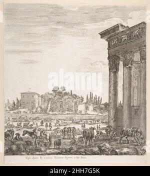 Le colonne del Tempio di Antonino a destra, una parte del campo Vaccino al centro e a sinistra, insieme a vari animali e figure, i resti palatini sullo sfondo, da 'ix grandi vedute, quattro di Roma, E due della campagna romana' (sei grandes vues, dont quatre de Rome et deux de la Campagne romaine) 1656 Stefano della Bella italiano. Le colonne del Tempio di Antonino a destra, una parte del campo Vaccino al centro e a sinistra, insieme a vari animali e figure, i resti palatini sullo sfondo, da 'six grandi vedute, quattro di Roma, e due del connazionale romano Foto Stock