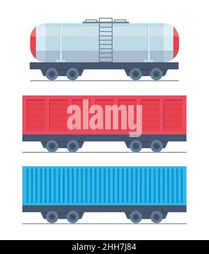 Cargo carro ferroviario, cisterna, trasporto merci, cisterna. Componenti cargo train. Illustrazione piatta del vettore di traffico merci moderno Illustrazione Vettoriale