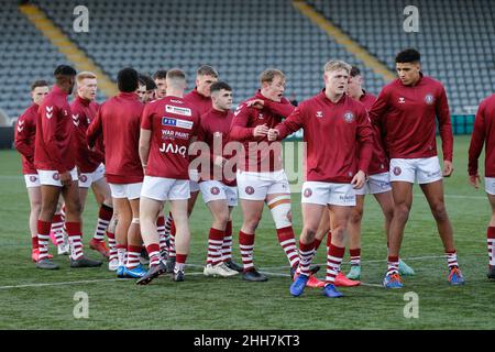 Newcastle, Regno Unito. 23rd Jan 2022. NEWCASTLE UPON TYNE, REGNO UNITO. JAN 23rd i giocatori dei Warriors Wigan hanno illustrato prima della partita amichevole tra Newcastle Thunder e Warriors Wigan a Kingston Park, Newcastle sabato 22nd gennaio 2022. (Credit: Chris Lishman | MI News) Credit: MI News & Sport /Alamy Live News Foto Stock