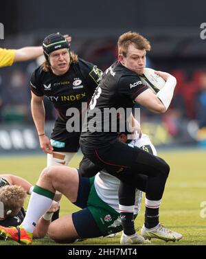 LONDRA, Regno Unito. 23th Jan 2022. Nick è affrontato durante LA EPCR Challenge Cup R4 Saracens vs London Irish allo StoneX Stadium domenica 23 gennaio 2022 a LONDRA, Regno Unito. Credit: Taka G Wu/Alamy Live News Foto Stock