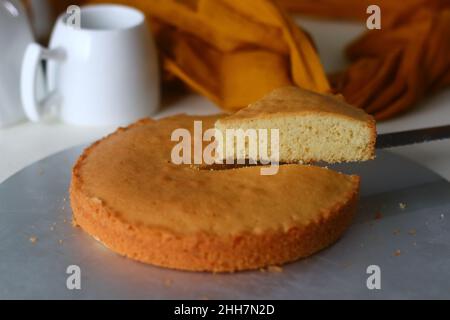 Fetta di torta di ghee. Una versione di torta al tè con ghee e aromatizzato con cardamomo. Perfetto con una tazza di tè caldo. Scatto su sfondo bianco. Foto Stock