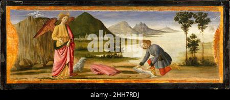 Tobias e l'Angelo ca. 1479 Davide Ghirlandaio (David Bigordi) l'italiano Davide Ghirlandaio dipinse queste tre incantevoli scene intorno al 1479 per la base (predella) di un'importante pala d'altare commissionata dal fratello Domenico per la chiesa di San giusto alle Mura fuori Firenze. Sono note altre due scene; il pannello principale si trova negli Uffizi di Firenze. Secondo la leggenda, alla sepoltura di San Zenobi un albero morto sorto alla vita quando fu toccato dal bier del santo. Il battistero e il campanile della cattedrale di Firenze offrono l'ambiente. Firenze appare sullo sfondo o Foto Stock