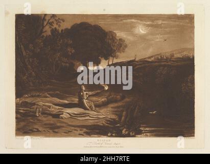 Rispah, 2nd Libro di Samuel, Capitolo 21 (Liber Studiorum, parte IX, piatto 46) 23 aprile 1812 progettato e inciso da Joseph Mallord William Turner British Turner distillò le sue idee sul paesaggio in 'Liber Studiorum' (latino per il Libro degli Studi), una serie di settanta stampe più un frontespizio pubblicato tra il 1807 e il 1819. Per stabilire le composizioni, ha realizzato disegni acquerelli marroni, poi inciso contorni su lastre di rame. Gli incisori professionali solitamente svilupparono il tono sotto la direzione di Turner, e Dunkarton qui aggiunse mezzotinta per descrivere un argomento raccapricciante dell'Antico Testamento. Dopo la d Foto Stock