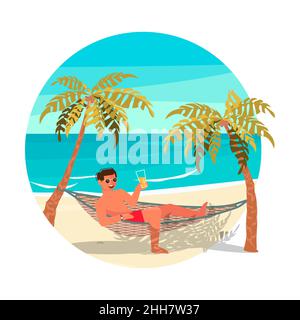 Modello rotondo attività estiva. Giovane uomo bello si trova in un'amaca tra palme sulla spiaggia e bagni di sole. Illustrazione del vettore Flat Art. Illustrazione Vettoriale