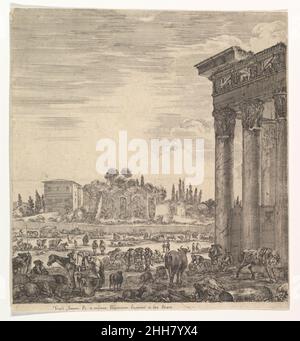 Le colonne del Tempio di Antonino a destra, una parte del campo Vaccino al centro e a sinistra, insieme a vari animali e figure, i resti palatini sullo sfondo, da 'ix grandi vedute, quattro di Roma, E due della campagna romana' (sei grandes vues, dont quatre de Rome et deux de la Campagne romaine) 1656 Stefano della Bella italiano. Le colonne del Tempio di Antonino a destra, una parte del campo Vaccino al centro e a sinistra, insieme a vari animali e figure, i resti palatini sullo sfondo, da 'six grandi vedute, quattro di Roma, e due del connazionale romano Foto Stock