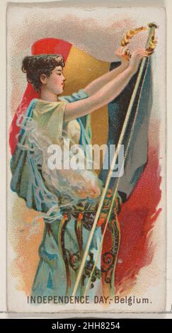 Independence Day, Belgio, Austria, dalla serie Holidays (N80) per le sigarette Duke 1890 emesse da W. Duke, Sons & Co. American Trade cards della serie 'Holidays' (N88), emesse in un set di 50 carte nel 1890 per promuovere le sigarette W. Duke Sons & Co. La serie raffigura cittadini di vari paesi in abito tradizionale per celebrare le vacanze locali. Ogni carta verso contiene il titolo della serie, una descrizione della particolare vacanza e la sua storia, così come un annuncio per W. Duke, Sons & Co. Produttori di tabacco Goodwin & Co. Ha anche pubblicato questa serie con marchio pubblicità per Foto Stock