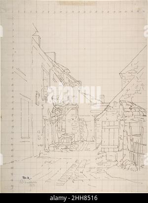 Un vicolo tra le Case 1858 attribuito a Théodore Rousseau French quest’opera è molto insolita nell’opera grafica del pittore paesaggista; c’è solo un altro disegno noto dell’artista squadrato per il trasferimento. Rousseau ha fatto disegni per registrare la topografia dei siti che ha visitato, ma raramente corrispondono direttamente con dipinti finiti. L'iscrizione 'Bourron' probabilmente si riferisce a Bourron-Marlotte, un villaggio a sud della foresta di Fontainebleau, un sito popolare con altri pittori Barbizon primi, tra cui Camille Corot (1796-1875) e Caruelle d'Aligny (1798-1871). La linearità sparsa con w Foto Stock