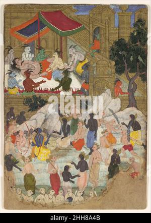 'Il risveglio di Kumbhakarna nella città d'oro dello Lanka', Folio da un Ramayana ca. 1605 Kumbhakarna, il fratello gigante del demone Ravana, fu ingannato dagli dei per chiedere a Brahma il boon del sonno interminabile. Ravana lo costruì un palazzo sontuosamente adornato, dove si assalì per cento anni fino ad essere risvegliato dai suoi assistenti demoni nell'episodio qui mostrato. Gli stanno avvertendo che Rama e Lakshmana, insieme alle loro scimmie e eserciti di orsi, hanno attaccato la città di Lanka. 'Il risveglio di Kumbhakarna nella Città d'Oro dello Lanka', Folio da un Ramayana 454357 Foto Stock