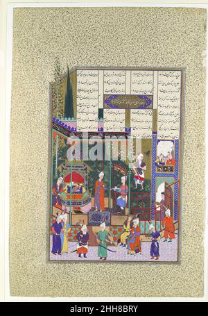 'L'incoronazione del Bambino Shapur II', Folio 538r dal Shahnama (Libro dei Re) di Shah Tahmasp ca. 1525–30 Abu'l Qasim Firdausi l'ultima sezione dello Shahnama racconta i regni dei re sasaniani dell'Iran. Qui, il piccolo bambino Shapur, nato dopo la morte del padre Hurmuzd II, è raffigurato seduto su un trono ornately bejeweled come la sua infermiera lo attira. L’artista Muzaffar ‘Ali’ ha una lunga familiarità con il tribunale e il suo buon approccio ai suoi denizens informa la rappresentazione dei servi che portano gioielli e doni per il nuovo re, i cortigiani chiacchierati nel rinunziato Foto Stock