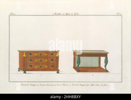 Design per commode e console (piastra 10), in Collection de Meubles et Objets de Goût, Vol. 1 [1802–07] a cura di Pierre de la Mésangère la Mésangère la collana pubblicata in serie Collection de meubles et objets de Goût è stata presentata in anteprima nel 1802 e ha fornito un importante sbocco per la diffusione della moda francese nei primi anni del XIX secolo. La rivista contiene illustrazioni di oggetti di lusso che sarebbero stati trovati nella hôtels della ricca borghesia parigina, tra cui gli ultimi articoli di ébénistes compiuto. Come si può vedere confrontando questa immagine con il molo etichettato del Museo Winterthur Foto Stock