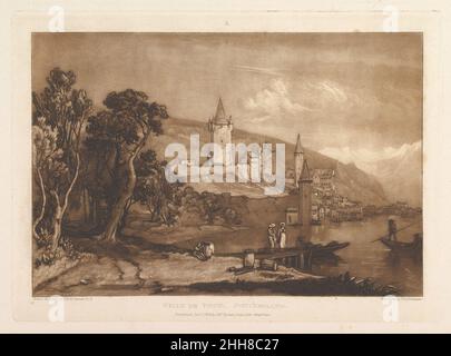 Ville de Thun, Svizzera (Liber Studiorum, parte XII, targa 59) 1 gennaio 1816 progettato e inciso da Joseph Mallord William Turner British Turner distillò le sue idee sul paesaggio in 'Liber Studiorum' (latino per il Libro degli Studi), una serie di settanta stampe più un frontespizio pubblicato tra il 1807 e il 1819. Per stabilire le composizioni, ha realizzato disegni acquerelli marroni, poi inciso contorni su lastre di rame. Gli incisori professionali solitamente svilupparono il tono sotto la direzione di Turner, e Hodgetts qui aggiunse mezzotint per descrivere una tranquilla cittadina sul lago svizzera distinta da torere Foto Stock