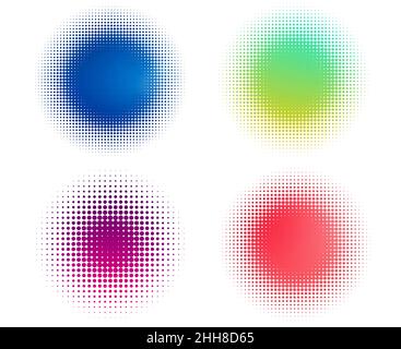 Quattro puntini astratti colorati a mezzitoni su bianco. Punti blu, verde, viola e rossi. Arrotondare i punti ad alta risoluzione nel motivo a griglia a matrice. Foto Stock