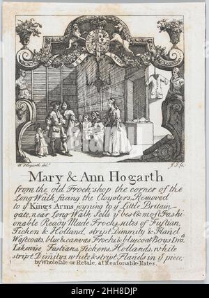 Carta commerciale di Mary & Ann Hogarth, il vecchio negozio di rocce ca. 1730 William Hogarth Trade Card per Mary & Ann Hogarth, il vecchio negozio di rocce. Maria e Ann erano le sorelle di William Hogarth, il noto pittore. Hogarth ha progettato un'intera gamma di carte commerciali e altre stampe effimere, come le ricevute per i suoi abbonati. Questa carta commerciale è caratterizzata da una vista di un negozio interno in alto, e il testo iscritto principalmente in corsivo, in basso. Carta commerciale di Mary & Ann Hogarth, il vecchio negozio di rocce. William Hogarth (British, Londra 1697–1764 Londra). CA. 1730. Acquaforte Foto Stock