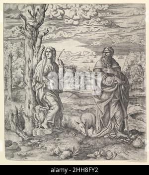 San Giovanni e Antonio in un paesaggio ca. 1544-45 Master IQV Master i°+V fu uno dei pochi stampatori che lavoravano nel 1540s al palazzo di Fontainebleau, appena fuori Parigi. Tipico della tecnica del maestro, ha combinato disegni di artisti diversi per produrre questa straordinaria immagine. Copiò le figure dei due santi dell'artista mantovano Giulio Romano. Per creare il paesaggio, ha estratto molteplici motivi da tre stampe di Albrecht Dürer. I due alberi a sinistra e il ponte di pietra a destra sono stati copiati dall'incisione di Dürer di Sant'Eustace (esposta nelle vicinanze). Foto Stock