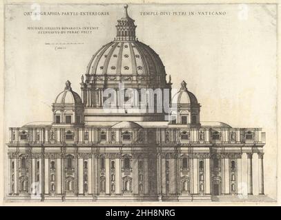 Speculum Romanae Magnificentiae: Elevazione che mostra l'esterno della Basilica di San Pietro dal Sud come concepito da Michelagelo (pubblicato nel 1569) 1558–61 Etienne DuPérac Francese questa stampa proviene dalla copia del museo dello Speculum Romanae Magnificentiae (lo specchio della magnificenza romana) Lo Speculum ha trovato la sua origine nelle attività editoriali di Antonio Salamanca e Antonio Lafreri. Durante la loro carriera editoriale romana, i due editori stranieri - che hanno lavorato insieme tra il 1553 e il 1563 - hanno iniziato la produzione di stampe che registrano opere d'arte, architettura e viste della città si riferiscono Foto Stock