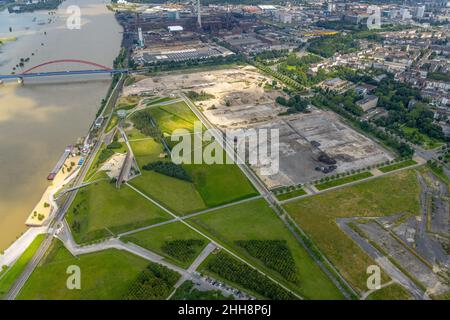 Fotografia aerea, zona di costruzione Wörthstraße, nuovo quartiere di costruzione RHEINORT, Rheinpark Duisburg, Hochfeld, Duisburg, zona della Ruhr, Renania settentrionale-We Foto Stock