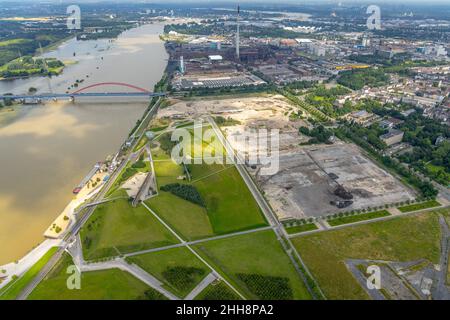 Fotografia aerea, zona di costruzione Wörthstraße, nuovo quartiere di costruzione RHEINORT, Rheinpark Duisburg, Hochfeld, Duisburg, zona della Ruhr, Renania settentrionale-We Foto Stock