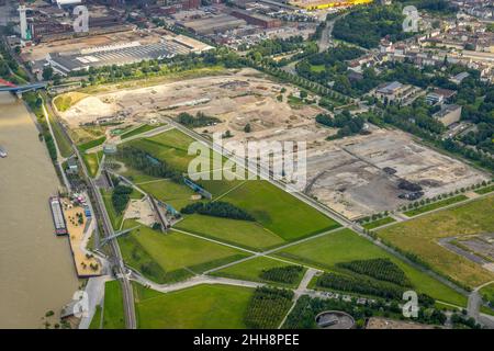 Fotografia aerea, zona di costruzione Wörthstraße, nuovo quartiere di costruzione RHEINORT, Rheinpark Duisburg, Hochfeld, Duisburg, zona della Ruhr, Renania settentrionale-We Foto Stock