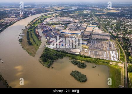 Fotografia aerea, fiume Reno alluvione, logport i, Logistics Terminal, porto container, Logistica automobilistica, Wanheimerort, Duisburg, zona della Ruhr, North RH Foto Stock