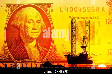 Silhouette di una piattaforma petrolifera offshore e di una bolletta in dollari americani Foto Stock