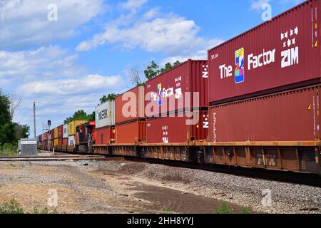 Bartlett, Illinois, Stati Uniti. Un treno merci intermodale ferroviario nazionale canadese con un'unità di potenza distribuita (DPU) si dirige attraverso un incrocio. Foto Stock