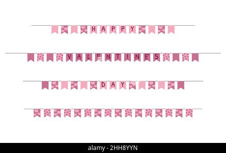 Set di flag giorno di San Valentino. Cuori appesi ghirlande isolate. Bandiere decorative del partito di San Valentino. Collezione Vector Flat. Illustrazione Vettoriale