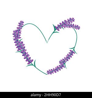 Cornice floreale a cuore isolato su sfondo bianco. Fiori di lavanda. Illustrazione piatta vettoriale. Illustrazione Vettoriale