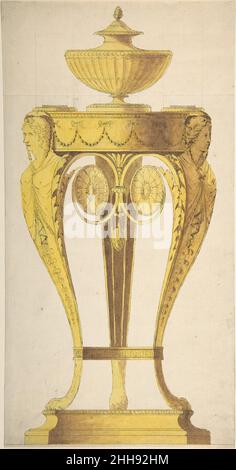 Design per un torchere o bruciatore di profumo 1765–1806 attribuito a Henry Holland British. Design per un torchere o bruciatore di profumo. Attribuito ad Henry Holland (British, Fulham, Londra 1745–1806 Chelsea, Londra). 1765–1806. Penna e lavaggi grigi e gialli Foto Stock