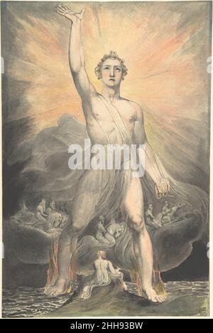 Angelo dell'Apocalisse (Libro dell'Apocalisse, capitolo 10) ca. 1803–5 William Blake British questo lavoro proviene da una serie di ottanta acquerelli biblici che Blake ha fatto per Thomas Butts, un importante patrono. Trovò l'argomento nel capitolo 10 del libro dell'Apocalisse e descrive sia l'autore che la sua visione. Un piccolo San Giovanni, pen in mano, sull'isola di Patmos, guarda un 'angelo potente... vestito di una nube.. Un arcobaleno era sulla sua testa, e il suo volto era come il sole, e i suoi piedi come colonne di fuoco.' L'artista basava la posizione dell'angelo sull'acqua sulle stampe dell'ancien Foto Stock