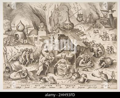 Avarizia (Avaritia) dalla serie The Seven Deadly Sins 1558 Pieter van der Heyden Netherlandh raffigurante il vizio dell'avidità, questa immagine appartiene ad una serie di stampe dei sette peccati mortali, incise da Pieter van der Heyden dopo disegni di Pieter Bruegel The Elder. La personificazione dell'avidità, una donna vestita alla moda, siede in primo piano centrale raccogliendo in giro le monete, mentre un toad velenoso si agglacca direttamente davanti a lei. I vari esempi di comportamento avido e le sue sfortunate conseguenze, in evidenza nel paesaggio circostante, dimostrano efficacemente il Foto Stock