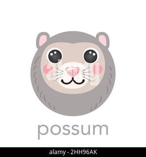 Possum carino ritratto con nome testo sorriso testa cartone animato forma rotonda animale faccia, vettore isolato avatar personaggio icone illustrazioni su sfondo bianco. Semplice piatto per i bambini poster, vestiti per bambini Illustrazione Vettoriale