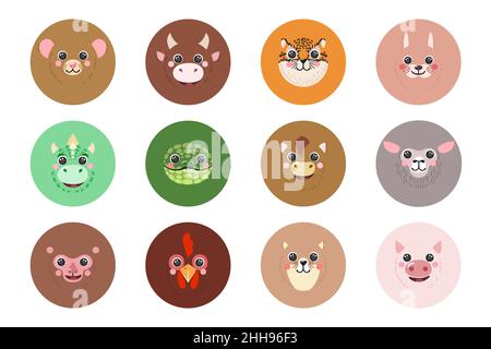 Animali rotondi Set Chinese Zodiac dodici segni ritratti icone carino illustrazione cartoon flat vettore avatar ratto, bue, tigre, coniglio, drago, Serpente, cavallo, capra isolato per UI, app, mobile, poster per bambini Illustrazione Vettoriale