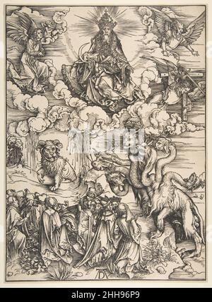 La bestia con i sette capi e la bestia con i corni di Agnello 1511 Albrecht Dürer Tedesco nel libro tredici di Apocalisse, Giovanni descrive due bestie: Una che emerge dal mare e ha sette teste, e un'altra che sgorga dalla terra e alimenta la bestia più grande. La bestia a sette teste con le sue dieci corone è stata interpretata come l'autorità demoniaca e potente dello Stato. Come dice in Apocalisse: «adorarono il drago che diede il potere alla bestia; e adorarono la bestia, dicendo: Chi è simile alla bestia? Chi è in grado di fare la guerra con lui? E ci fu dato Foto Stock