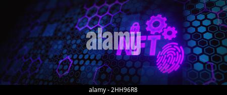 Testo del token non-fungibile (NFT) su sfondo di dati digitali astratti. Il concetto di NFT diventa più popolare e ben noto. Concetto di criptovaluta. Foto Stock
