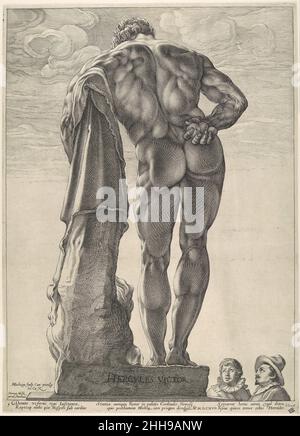 Ercole Farnese ca. 1592, datato 1617 Hendrick Goltzius Netherlandish era la cattiva salute di Goltzius così come il suo desiderio di vedere i tesori di Roma che lo ha ispirato a viaggiare in Italia nel 1590-91. Presumibilmente, il famoso stampatore olandese viaggiò in incognito per evitare obblighi sociali che potrebbero distrarre dal suo vero scopo, che stava disegnare e studiando sculture antiche. L'antica statua romana conosciuta come Ercole Farnese fu scoperta nelle Terme di Caracalla a Roma nel 1546, e installata in un cortile del palazzo della famiglia Farnese sulle rive del Tevere, dove Foto Stock