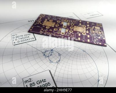 Circuito stampato a radiofrequenza ad alta potenza su scheda Smith per adattamento e sintonizzazione dell'impedenza Foto Stock