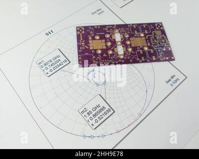 Circuito stampato a radiofrequenza ad alta potenza su scheda Smith per adattamento e sintonizzazione dell'impedenza Foto Stock