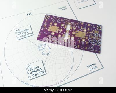 Circuito stampato a radiofrequenza ad alta potenza su scheda Smith per adattamento e sintonizzazione dell'impedenza Foto Stock