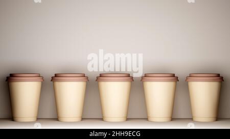 fila di tazze di carta con spazio per la copia. 3d rendering Foto Stock