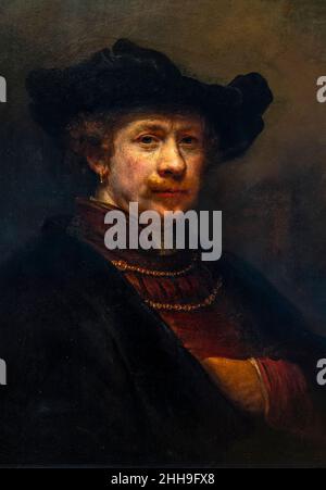 REMBRANDT VAN RIJN (1606-1669) AUTORITRATTO IN UN CAPPELLO PIATTO (1642) THE QUEEN'S GALLERY BUCKINGHAM PALACE LONDON INGHILTERRA REGNO UNITO Foto Stock