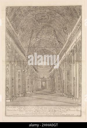 Ponteggio eretto per la restaurazione della volta nella Basilica di San Pietro: Panoramica della nave ca. 1773 Giacomo Sangermano English Vista della navata della Basilica di San Pietro in Roma, con l'impalcatura disegnata da Pietro Albertini che fu utilizzata per restaurare la volta nel novembre del 1773. Sullo sfondo sono visibili il Baldacchino di Bernini e la Cattedrale di Petri. Ponteggio eretto per la restaurazione della volta nella Basilica di San Pietro: Panoramica della navata 415070 Foto Stock