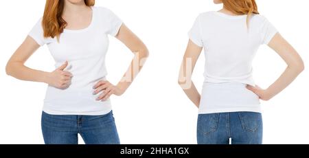 t-shirt set capelli rossi bella donna in bianco bianco tshirt mock up Foto Stock