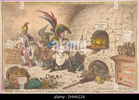 Tiddy-Doll, il grande French-Gingerbread-Baker; disegnare un nuovo lotto di re, suo uomo Hopping Talley, mescolando l'impasto 23 gennaio, 1806 l’immagine profetica di Napoleone da parte di James Gillray British Gillray come fornaio che crea febbrilmente monarchi di pan di zenzero esprime l’ansia britannica per la rapida conquista dell’imperatore dell’Europa continentale e la sua evidente intenzione di installare parenti e favoriti in posizioni di potere. I re di Baviera, Württemburg e Baden appena sfornati vengono ritirati dal forno (pronti a sostituire i governanti sconfitti dai francesi ad Austerlitz nel dicembre 1805) mentre un gruppo di Foto Stock