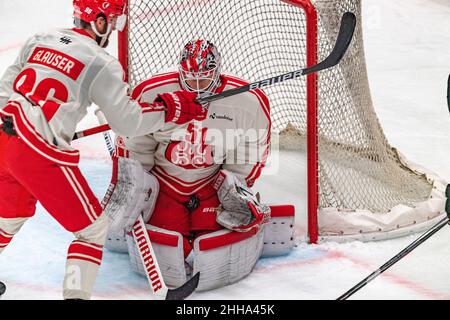 Losanna, Vaudoise Arena, Svizzera. 23rd Jan 2022. Losanna Svizzera, 01/23/2022: Stephan Tobias (portiere) di Losanna HC (51) fa una sosta durante la partita del 47th della stagione della Lega nazionale svizzera 2021-2022 con Losanna HC e HC Ajoie (immagine di credito: © Eric Dubost/Pacific Press via ZUMA Press Wire) Foto Stock