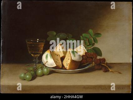 Still Life with Cake 1818 Raphaelle Peale questa tipica vita morta di Raphaelle Peale, figlio di Charles Willson Peale, potrebbe essere stata la foto esposta nel 1819 alla Pennsylvania Academy of the fine Arts come "Still Life—Wine, Cakes, Graphes, &c." Un'immagine simile che risale allo stesso anno si trova nel Detroit Institute of Arts. Le vite ancora strettamente raggruppate di Peale sono spesso permeate da una delicata malinconia simile a quella che ha caratterizzato la vita dell'artista; era un alcolista che ha subito gli effetti dell'avvelenamento da arsenico e mercurio causato dal suo lavoro come taxidermista nel padre Foto Stock