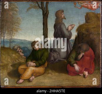L'agonia nel Giardino ca. 1504 Raffaello (Raffaello Sanzio o Santi) italiano questo pannello era originariamente parte della base (predella) della vicina pala d'altare, una delle tre scene incentrate sugli ultimi giorni di Cristo. Cristo prega prima del suo arresto, mentre i suoi discepoli lo assalivano. Il piccolo angelo che proffer un calice o un calice è una visualizzazione dei pensieri di Cristo — lasciate che questo calice passi da me — mentre lentamente accetta il suo destino. Raffaello raffigura la scena in un paesaggio delicato, con ognuno dei seguaci addormentati in una posa attentamente osservata. L'agonia nel giardino 437371 Foto Stock