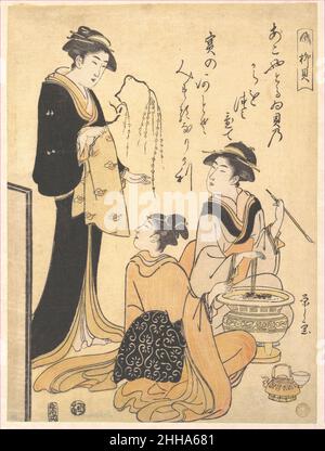 La Willow Shell (Yanagi-kai), da un set senza titolo di stampe di bellezza sul tema delle conchiglie ca. 1791 Chōbunsai Eishi Japanese Chōbunsai Eishi ha creato questa serie sul tema delle conchiglie, ma sembra che abbia costituito alcune varietà, come questa: Non esiste una cosa come una “conchiglia di salice”. L'artista sembra creare un pun visivo: Il poema si riferisce alle conchiglie di akoyagai (ostriche perle), che prendono il nome dalla baia di Akoya nella prefettura di Aichi, dove un tempo venivano raccolte ostriche perle. Il ramo di salice germogliante tenuto dal cortigiano in piedi assomiglia a ciocche di perle. La Willow Shell (Yanagi-kai), da un Foto Stock