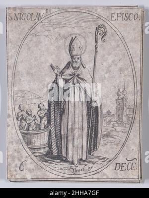 S. Nicolas, Évêque (St Nicholas, Vescovo), dicembre 6th, da Les Images De Tous Les Saincts et Saintes de l'Année (immagini di tutti i Santi e gli Eventi Religiosi dell'anno) 1636 Jacques Callot French questa stampa fa parte di una serie composta da una pagina del titolo, frontespizio, e 122 tavole. Ognuna di queste 122 tavole contiene quattro scene ovali raffiguranti Santi ed Eventi Religiosi per ogni giorno dell'anno. Questo attacco era originariamente una delle quattro scene ovali su una piastra della serie. S. Nicolas, Évêque (St Nicholas, Vescovo), dicembre 6th, da Les Images De Tous Les Saincts et Saintes de l'Anné Foto Stock
