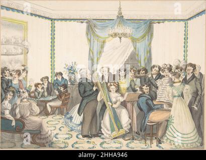 Un concerto 1820–30 attribuito alle nipoti del Dr. Samuel Parr British questo acquerello amatoriale registra un interno nella cospicua parsonage del Dr. Samuel Parr a Hatton, dove visse per tre decenni e gestiva una piccola scuola privata per ragazzi. Qui uomini e donne si riuniscono per una festa serale con musicisti che suonano cetra, flauto e clavicembalo mentre gli ospiti seduti conversano e giocano le carte. Gli stili di vestito e arredamento suggeriscono una data nel 1820s.. Un concerto. Attribuito alle nipoti del dottor Samuel Parr (britannico, attivo 1800–30). 1820–30. Acquerello. Disegni Foto Stock